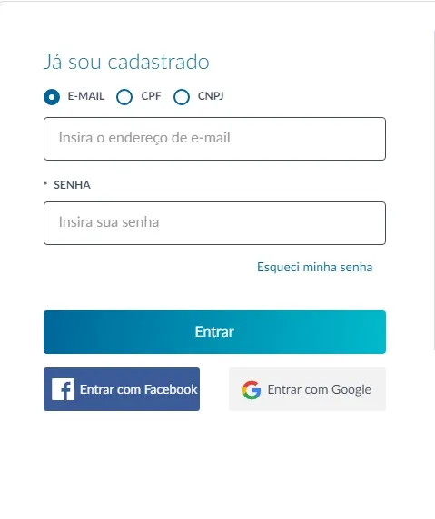 Entre no sistema com seu CPF, email ou CNPJ e senha