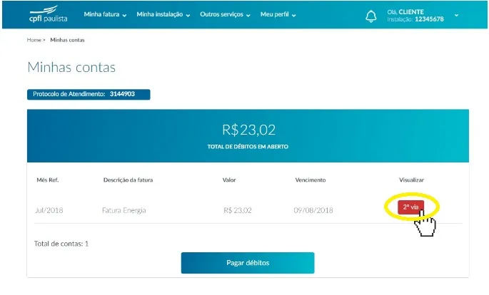 Pressionar o botão “2 via” para obter o documento
