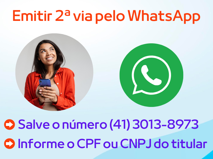 Para emitir segunda via Copel pelo WhatsApp, entre em contato com (41) 3013-8973 e informe CPF ou CNPJ